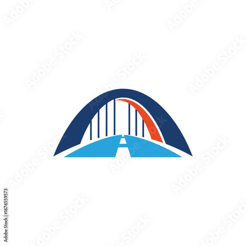 Stylized illustration of a modern arch bridge with a road leading through it, featuring blue, orange, and white colors against a white background.