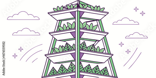 Futuristic vertical urban farm tower with leafy greens and growing technology elements