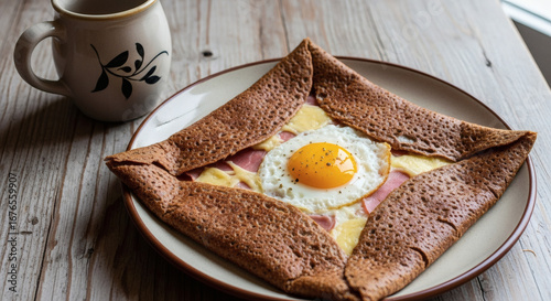 Traditional French buckwheat galette on a rustic wooden table