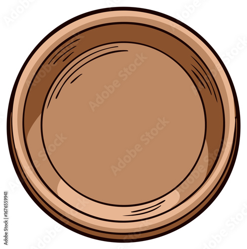 Empty round brown ceramic plate hand drawn style, top view illustration for food preparation concepts and tableware needs
