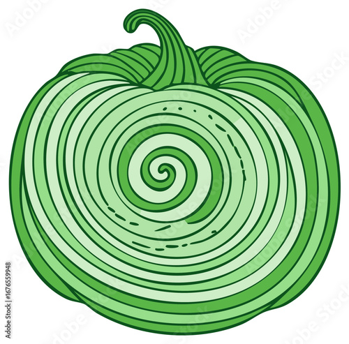Stylized green pumpkin gourd illustration featuring a vibrant spiral swirl design.