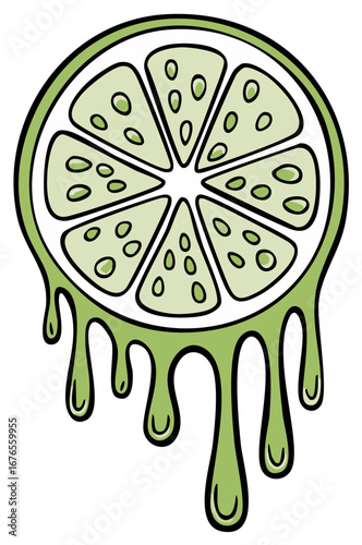 Lime slice with juice drops graphic, citrus fruit with dripping juice. Simple outline illustration.