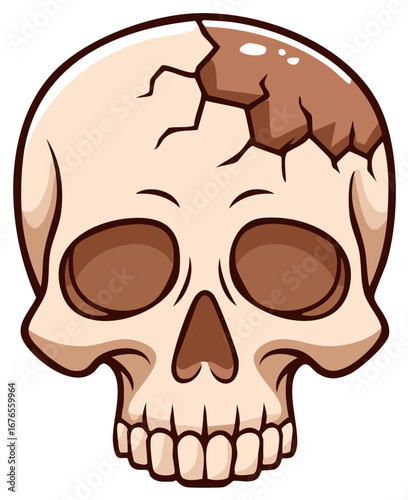 Cartoon Skull with Cracks and Missing Pieces Graphic Illustration Icon