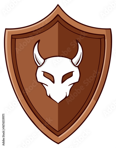 Stylized brown shield featuring a demonic horned skull mask emblem