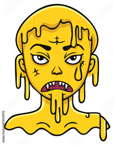 Cartoon Illustration of a Dripping Yellow Character with Fangs and Markings, Strange and Quirky, Vector Graphic