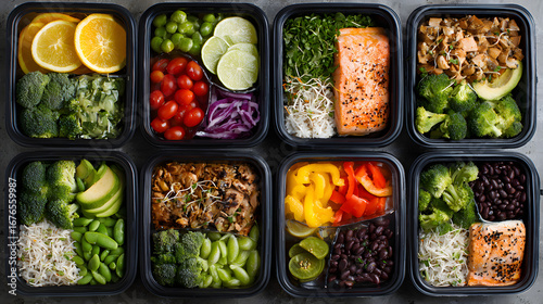 Healthy Meal Prep: Eight Delicious and Balanced Dietary Containers with Salmon, Vegetables, and Grains.