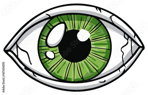 Intense staring green eye illustration with bloodshot details in a cartoon style