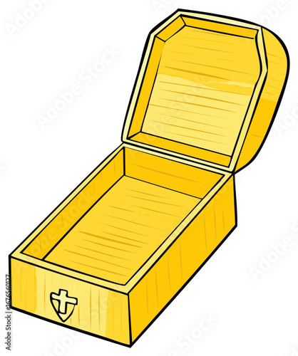 Open Gold Treasure Chest, Empty Container with Cross Symbol, Cartoon Illustration of an Ancient Coffer