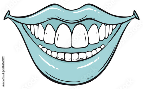 Cartoon illustration of smiling open mouth with bright white teeth and blue lips