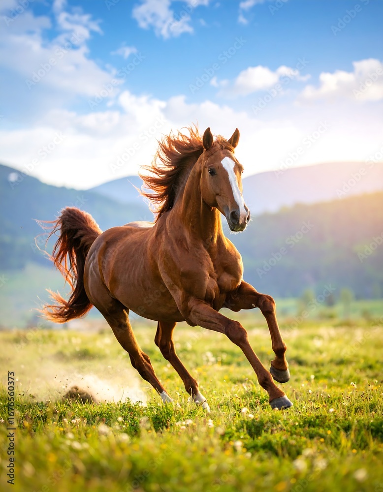 Obraz premium Majestic Brown Horse Running Through Mountain Meadow.