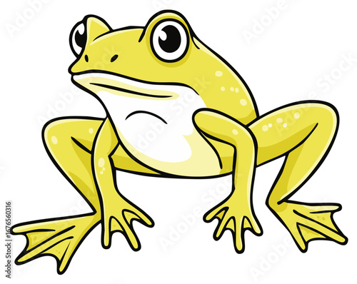 Cartoon illustration of a yellow frog with big eyes, sitting and looking at the viewer