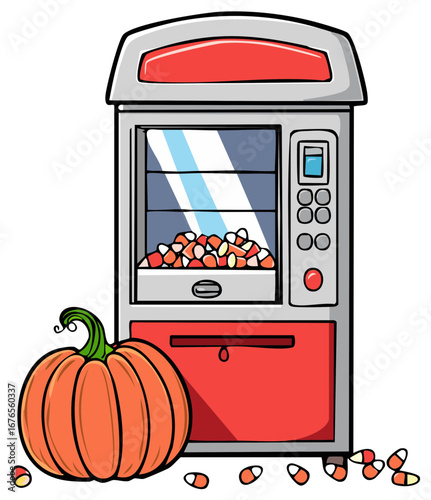Candy corn filled vending machine next to a pumpkin, Halloween illustration