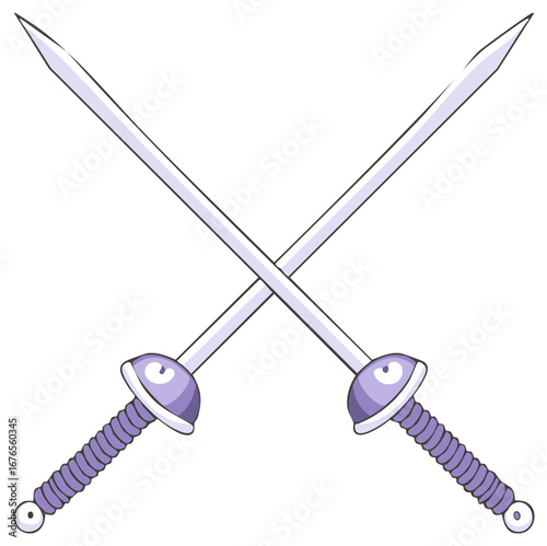 Two crossed swords with ornate purple hilts and spiraled handles in a fighting pose