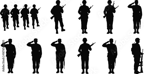 Military soldier silhouettes standing and saluting with rifles, black vector isolated on white, army personnel formation graphic illustration design