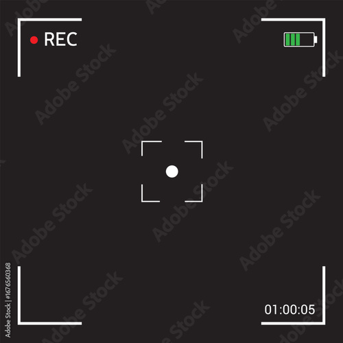 Camera frame. Video screen with rec, viewfinder. Background for record movie. Display with focus, time, battery for videography, surveillance. Template for photography, cinema. Illustration