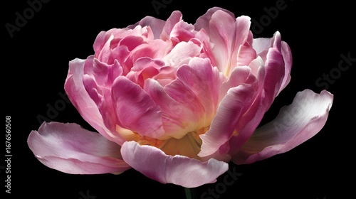 A close-up, detailed image showcases a vibrant pink and light-purple tulip-like flower against a dark background, highlighting its delicate petals and intricate texture.
