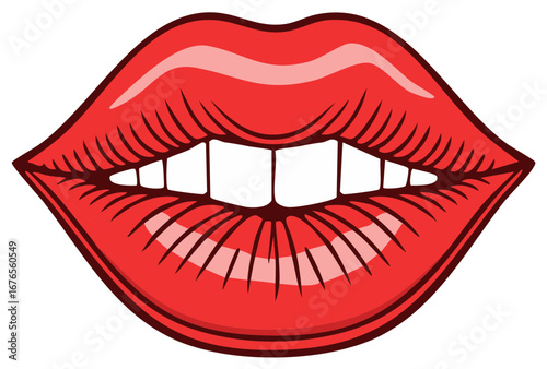 Striking red lips with white teeth and pouty expression in illustrative style