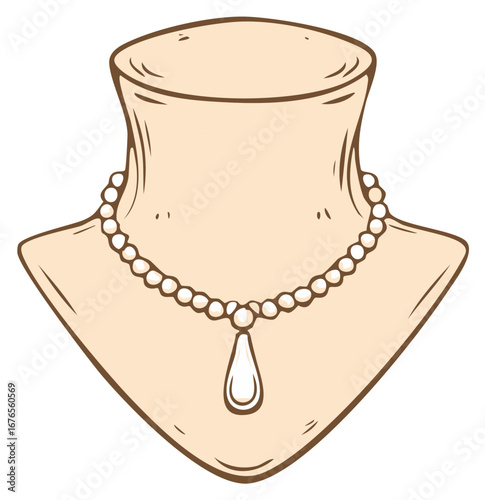 Elegant pearl necklace with teardrop pendant displayed on a beige jewelry mannequin bust illustration