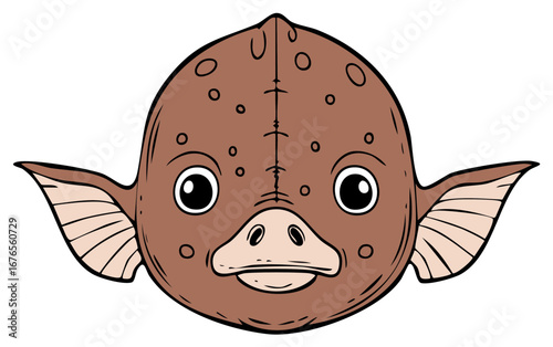 Cute brown cartoon creature head illustration with large eyes, a unique snout, and fin-like ears.