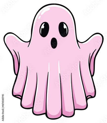 Adorable pink cartoon ghost with wide eyes and an open mouth.