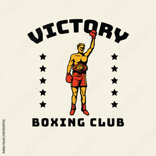 A bold vintage sports club design featuring a triumphant boxer raising his glove with championship belt, ideal for retro fitness logos, gym merch, and printables.