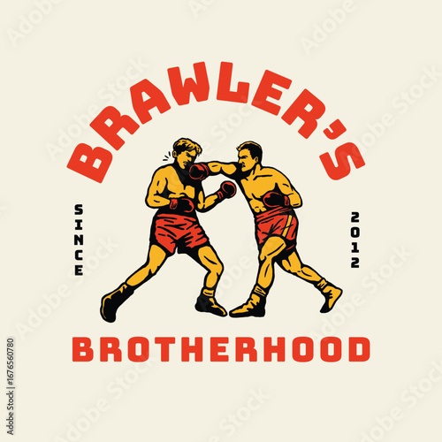 Gritty and dynamic logo featuring two vintage-style fighters mid-punch, emphasizing teamwork, strength, and old-school boxing spirit — perfect for sportswear and gym clubs.