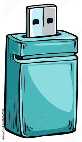 Digital cartoon illustration of a turquoise USB flash drive or thumb drive for data storage