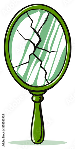 Green framed handheld vanity mirror with cracked shattered glass cartoon illustration