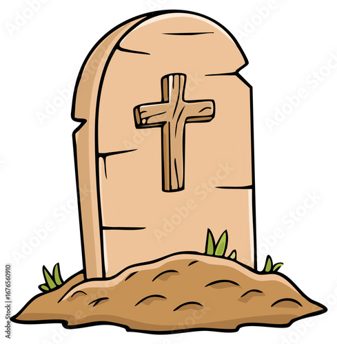 Cartoon gravestone with wooden cross and green grass, memorial monument illustration