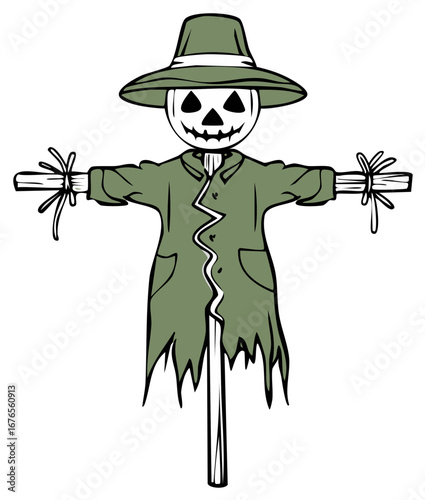 Stylized scarecrow illustration with hat, stick arms, and ragged clothing.