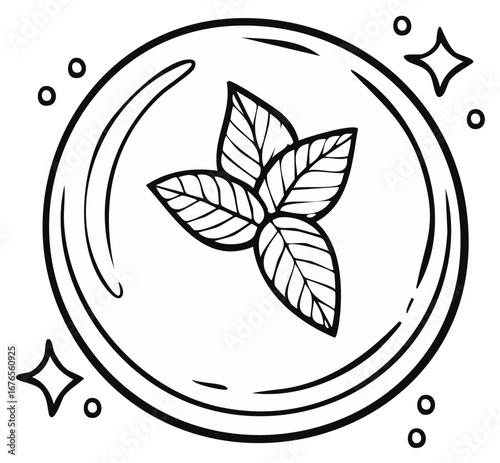 Hand-drawn outline of fresh mint leaves in a circular frame with sparkles and dots