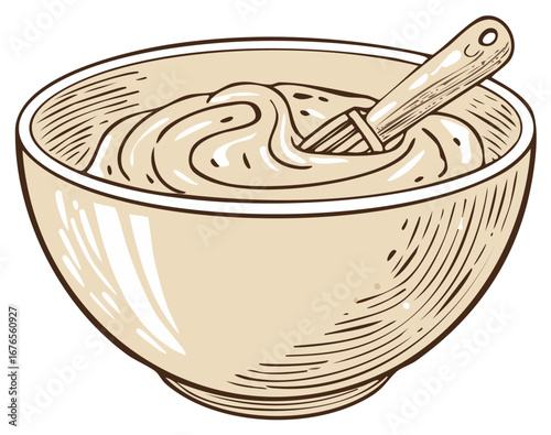 Creamy sauce or dip in a bowl with a spoon and a textured engraving style