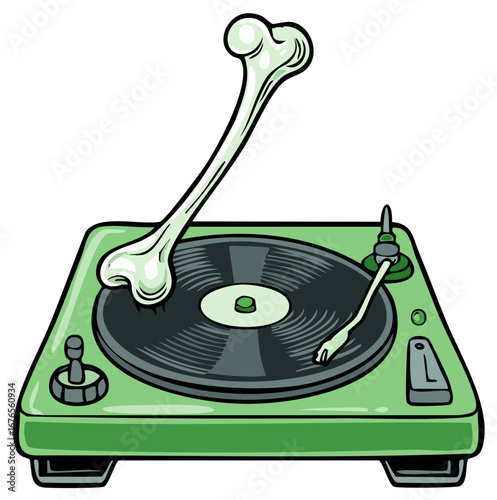 Green Record Player with Vinyl and Bone Playing Music Illustration