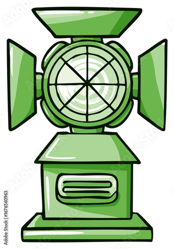 Green cartoon searchlight illustration with stylized design