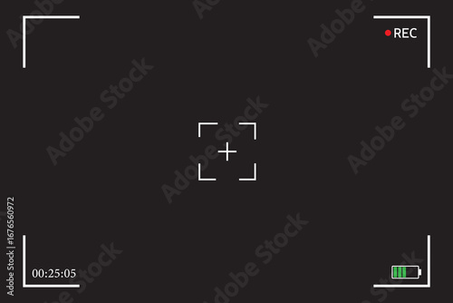 Video camera screen. Camera frame with rec, battery, focusing. Vector