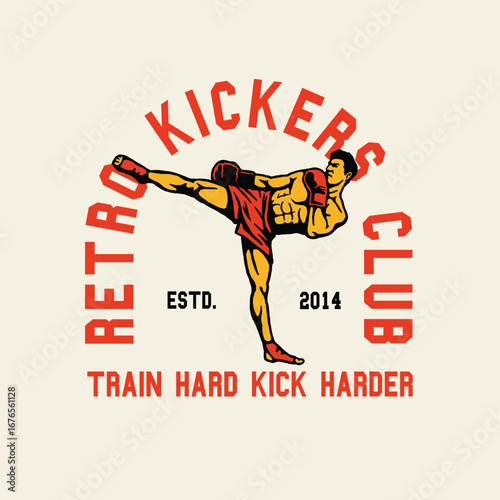 A striking martial arts illustration with a high kick pose, capturing strength and discipline in vintage graphic style — perfect for dojo logos, martial brands, and athletic gear.