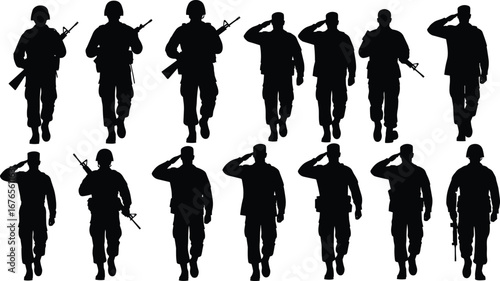 Military soldier silhouettes, walking and saluting, army personnel in uniform with rifles, isolated vector, tribute, patriotic illustration design