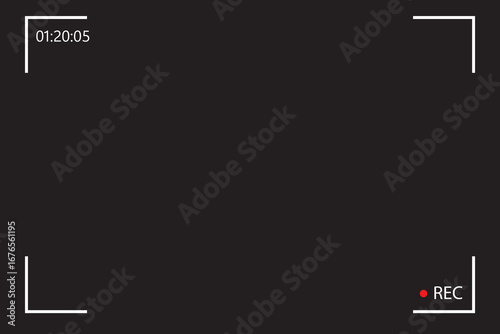 Video camera screen. Camera frame with rec, battery, focusing. Vector