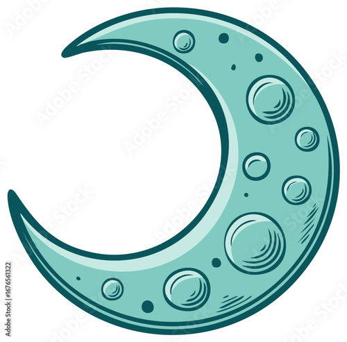 Cartoon illustration of a crescent moon with craters in a teal color.