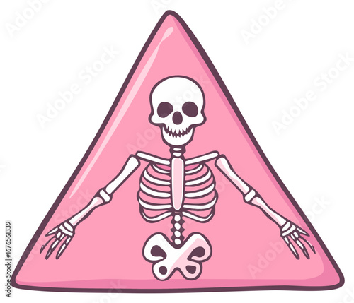 Funny skeleton inside warning pink triangle sign flat illustration, isolated