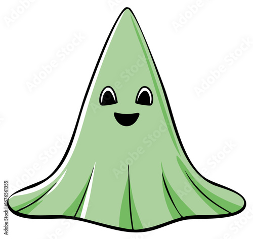 A cute friendly green ghost cartoon character with a happy smiling face