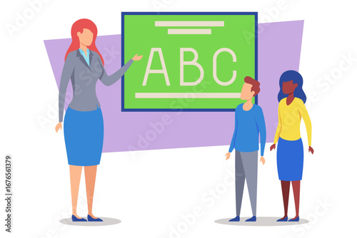 Teacher standing in front of board displaying letters, explaining something to two students. Education and interaction concept