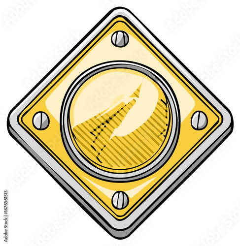 Hand-drawn yellow compass pointing direction navigation tool and adventure concept