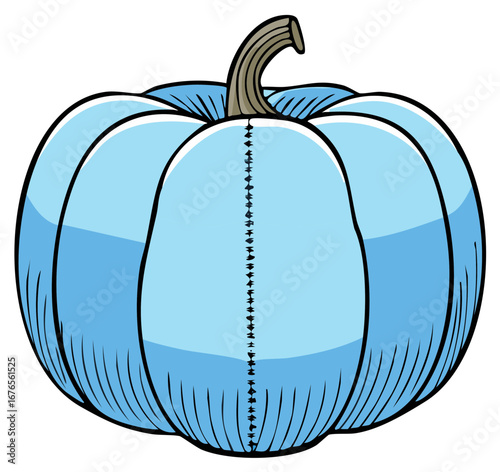 Stylized light blue pumpkin with thick black outline and a ribbed texture on white