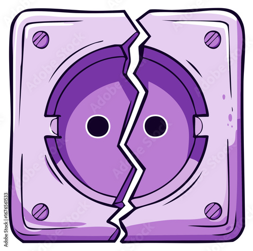 Cracked purple electrical power outlet socket damaged and broken icon