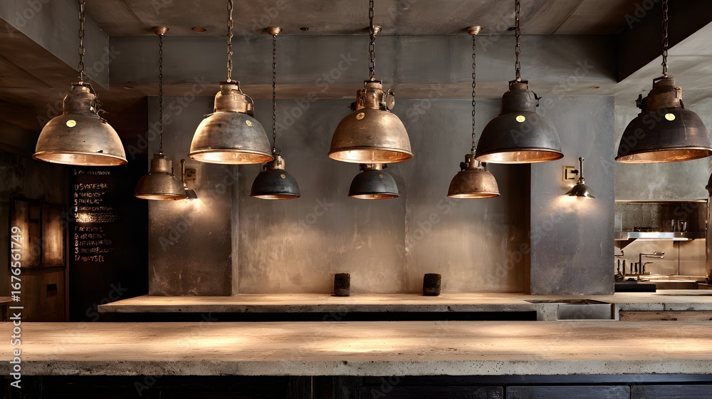 Obraz premium Industrial-style eatery interior showcases a warm, muted color palette accented by rustic, metal pendant lights.