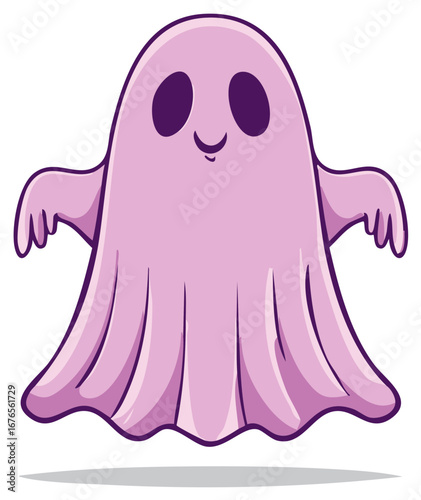 Friendly cartoon ghost illustration in a purple hue floating with outstretched arms and happy expression