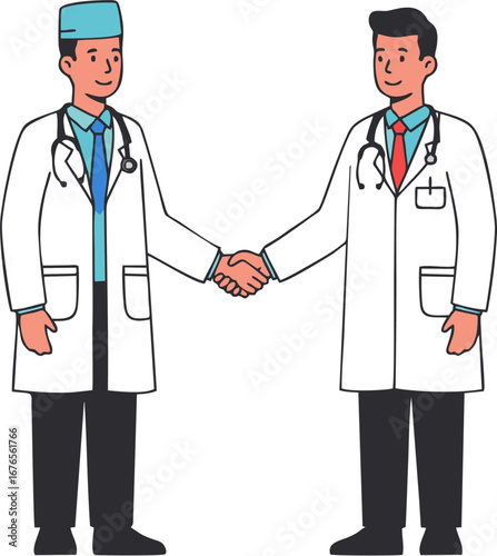 Two Doctors Shaking Hands Agreement Teamwork Clean Flat Vector Illustration