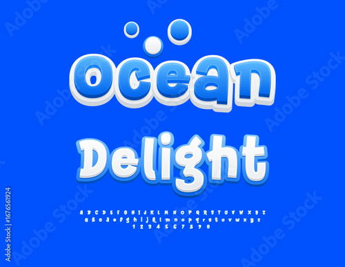 Vector Holiday logo Sea Delight. Joyful White and Blue Font. Cute Handwritten Alphabet Letters and Numbers set.