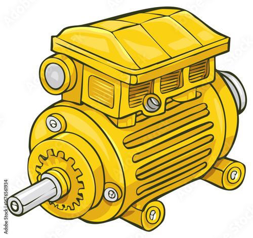Yellow industrial electric motor with shaft and fan cooling illustration